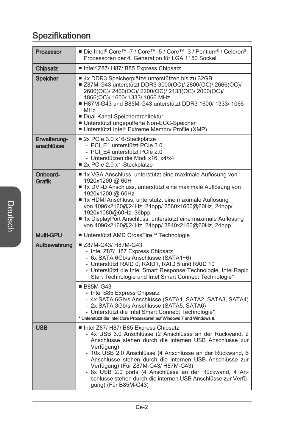 Deutsch, Spezifikationen | MSI B85M-G43 User Manual | Page 52 / 178