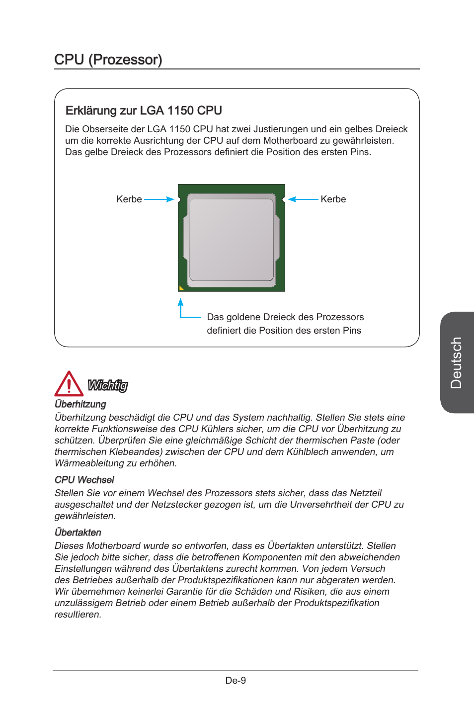 De-9, Deutsch, Cpu (prozessor) | Wichtig, Erklärung zur lga 1150 cpu | MSI B85M-G43 User Manual | Page 59 / 178