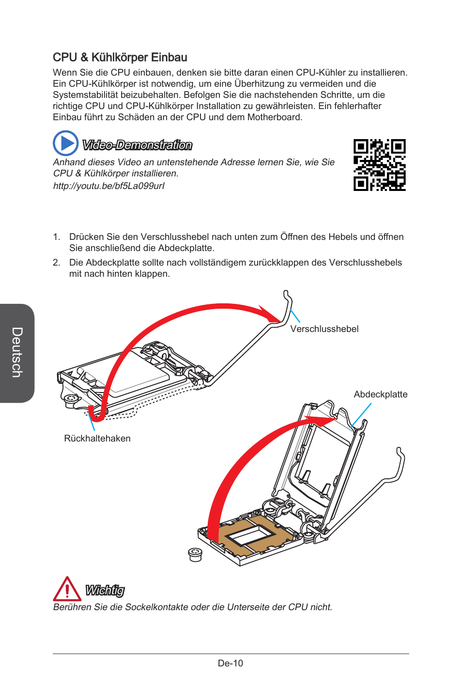 Deutsch, Cpu & kühlkörper einbau, Wichtig | Video-demonstration | MSI B85M-G43 User Manual | Page 60 / 178