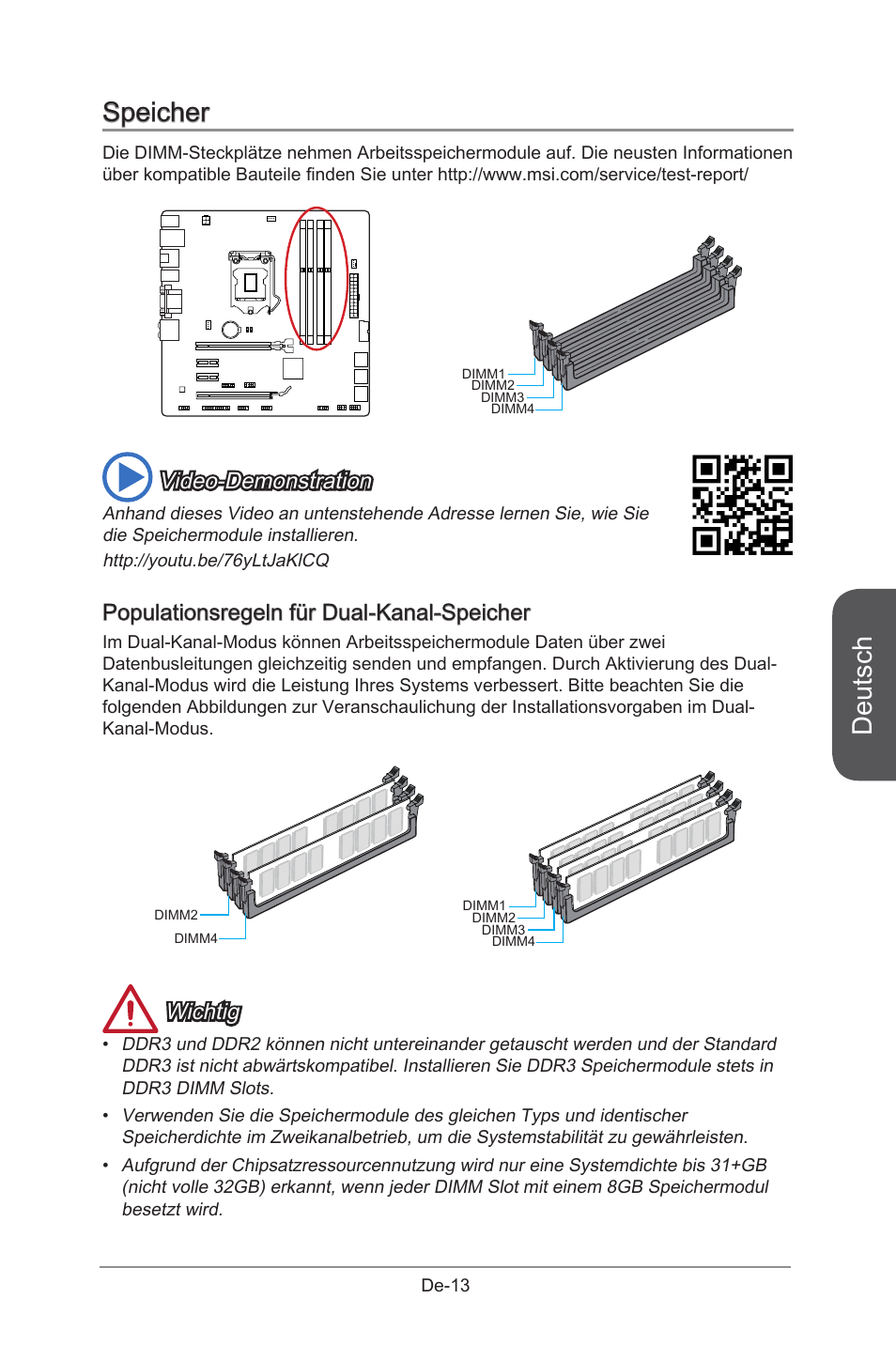 Speichersteckplätze, De-13, Deutsch | Speicher, Video-demonstration, Populationsregeln für dual-kanal-speicher, Wichtig | MSI B85M-G43 User Manual | Page 63 / 178