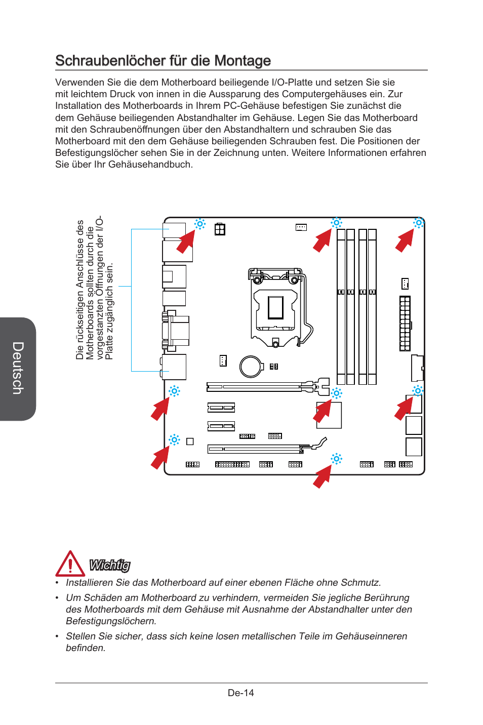 Deutsch, Schraubenlöcher für die montage, Wichtig | MSI B85M-G43 User Manual | Page 64 / 178