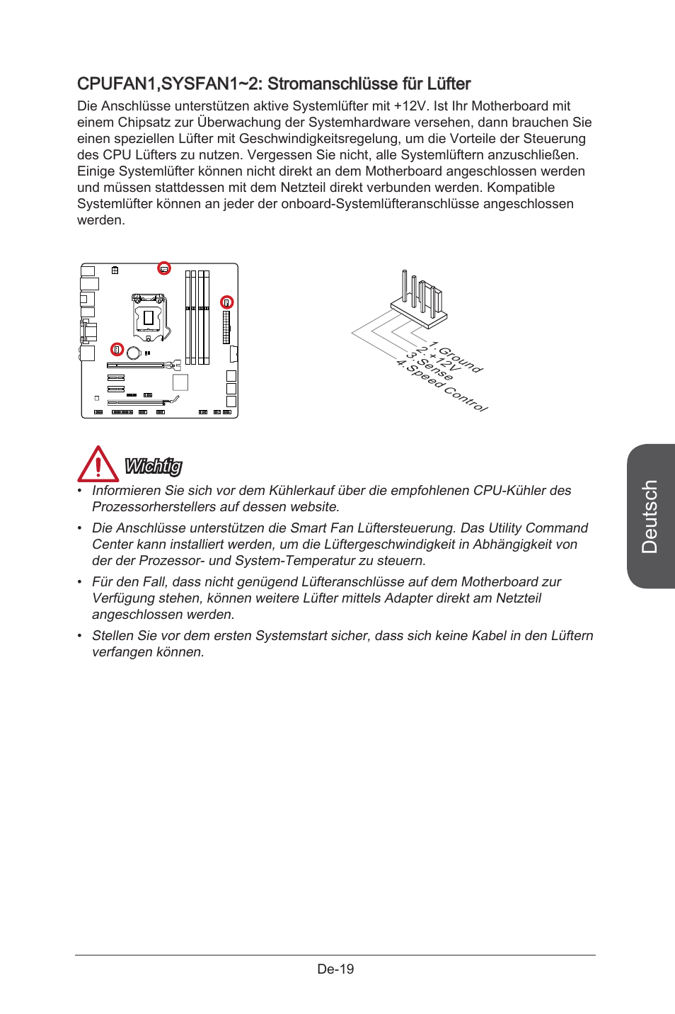 Cpufan1,sysfan1~2, Stromanschlüsse für lüfter, De-19 | Deutsch, Cpufan1,sysfan1~2: stromanschlüsse für lüfter, Wichtig | MSI B85M-G43 User Manual | Page 69 / 178