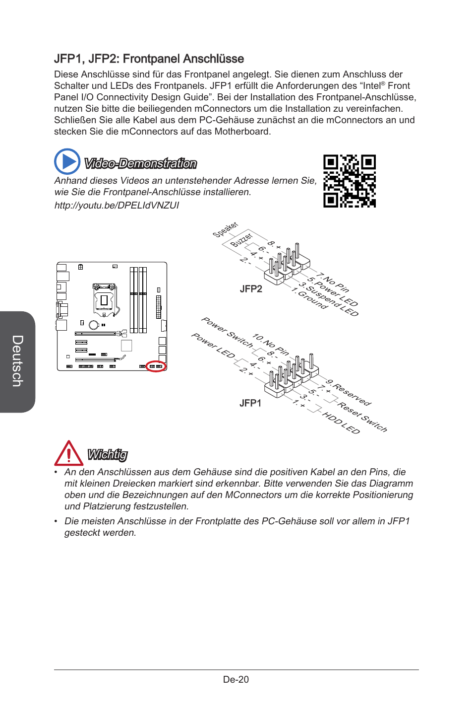 Jfp1, jfp2, Systemtafelanschlüsse, De-20 | Deutsch, Jfp1, jfp2: frontpanel anschlüsse, Video-demonstration, Wichtig | MSI B85M-G43 User Manual | Page 70 / 178