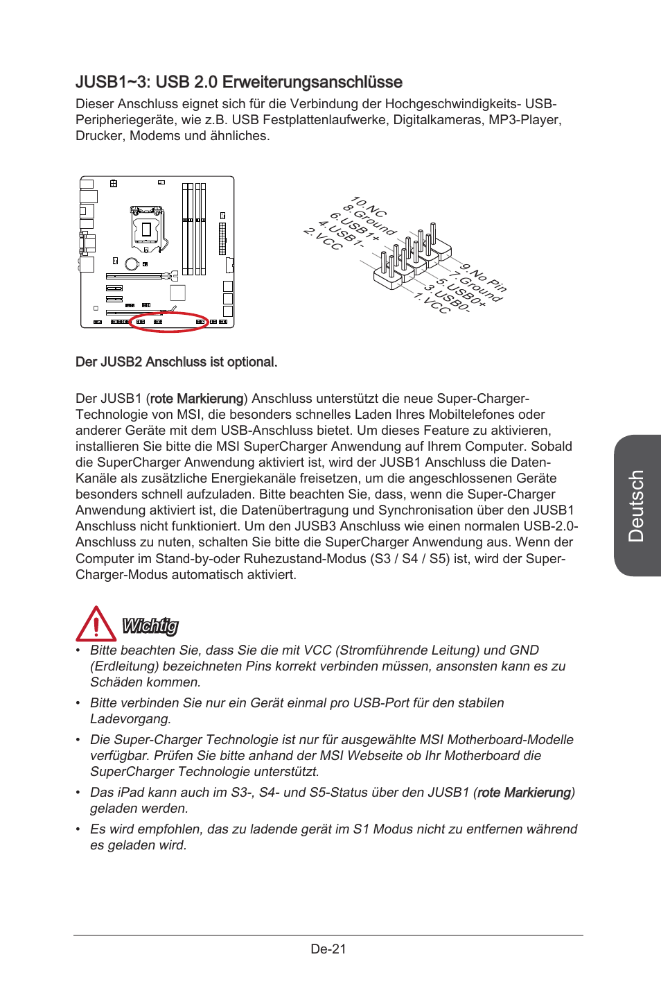 Jusb1~3, Usb 2.0 erweiterungsanschlüsse, De-21 | Deutsch, Jusb1~3: usb 2.0 erweiterungsanschlüsse, Wichtig | MSI B85M-G43 User Manual | Page 71 / 178