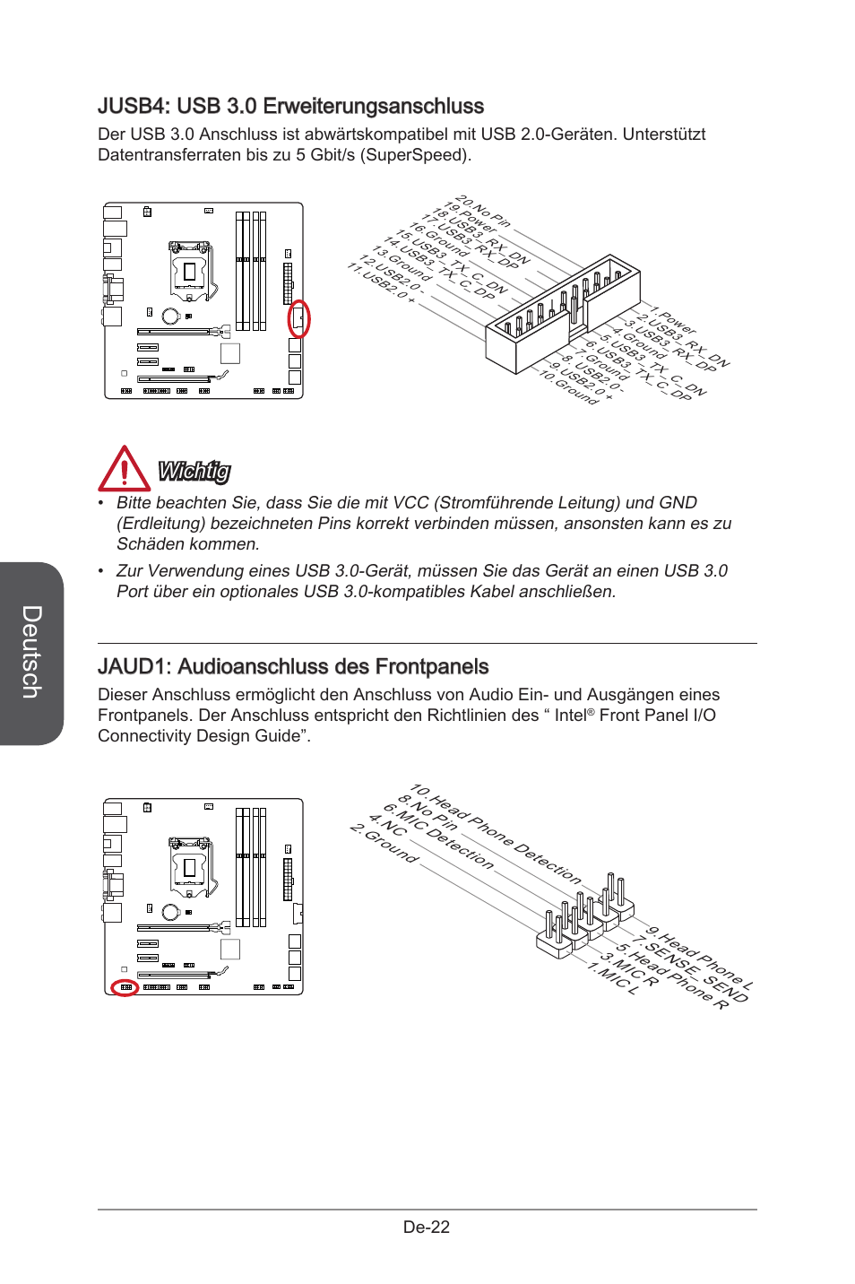 Jci1, Gehäusekontaktanschluss, De-24 | Jusb4, Usb 3.0 erweiterungsanschluss, De-22, Deutsch, Jusb4: usb 3.0 erweiterungsanschluss, Wichtig, Jaud1: audioanschluss des frontpanels | MSI B85M-G43 User Manual | Page 72 / 178