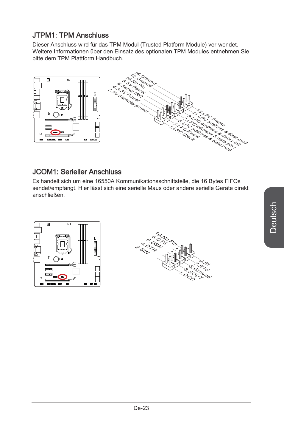 Jaud1, Audioanschluss des frontpanels, De-22 | Deutsch, Jtpm1: tpm anschluss, Jcom1: serieller anschluss | MSI B85M-G43 User Manual | Page 73 / 178