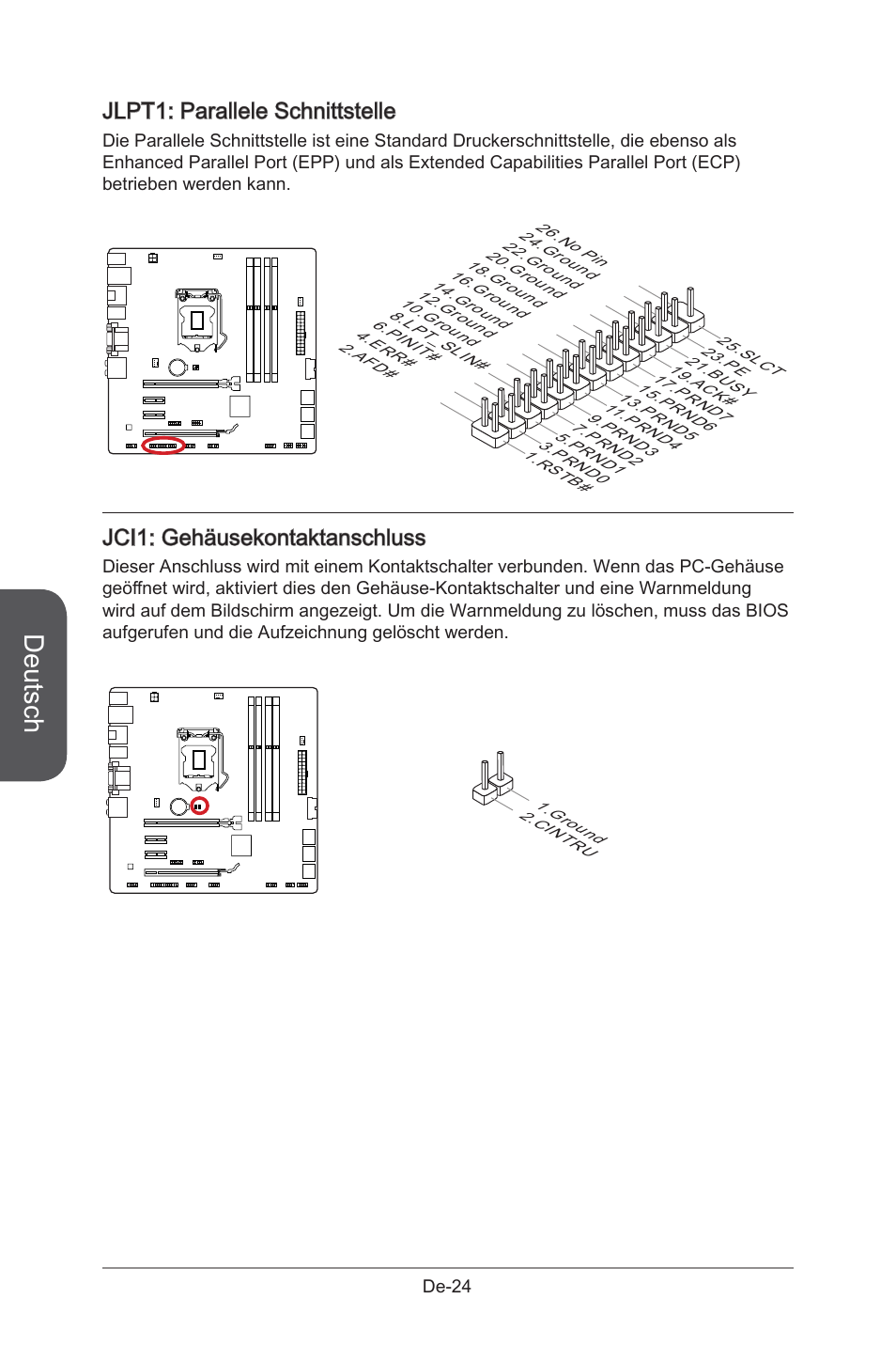 Deutsch, Jlpt1: parallele schnittstelle, Jci1: gehäusekontaktanschluss | MSI B85M-G43 User Manual | Page 74 / 178