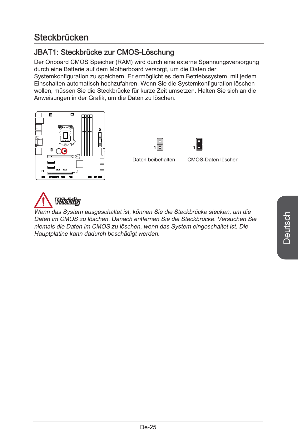 Deutsch, Steckbrücken, Jbat1: steckbrücke zur cmos-löschung | Wichtig | MSI B85M-G43 User Manual | Page 75 / 178