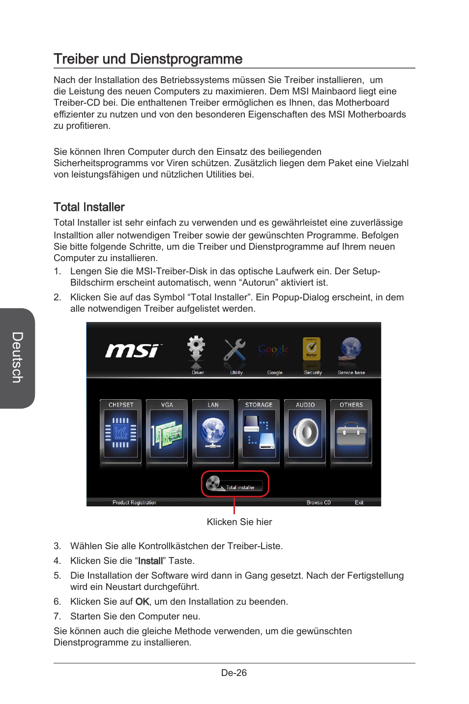 Deutsch, Treiber und dienstprogramme, Total installer | MSI B85M-G43 User Manual | Page 76 / 178