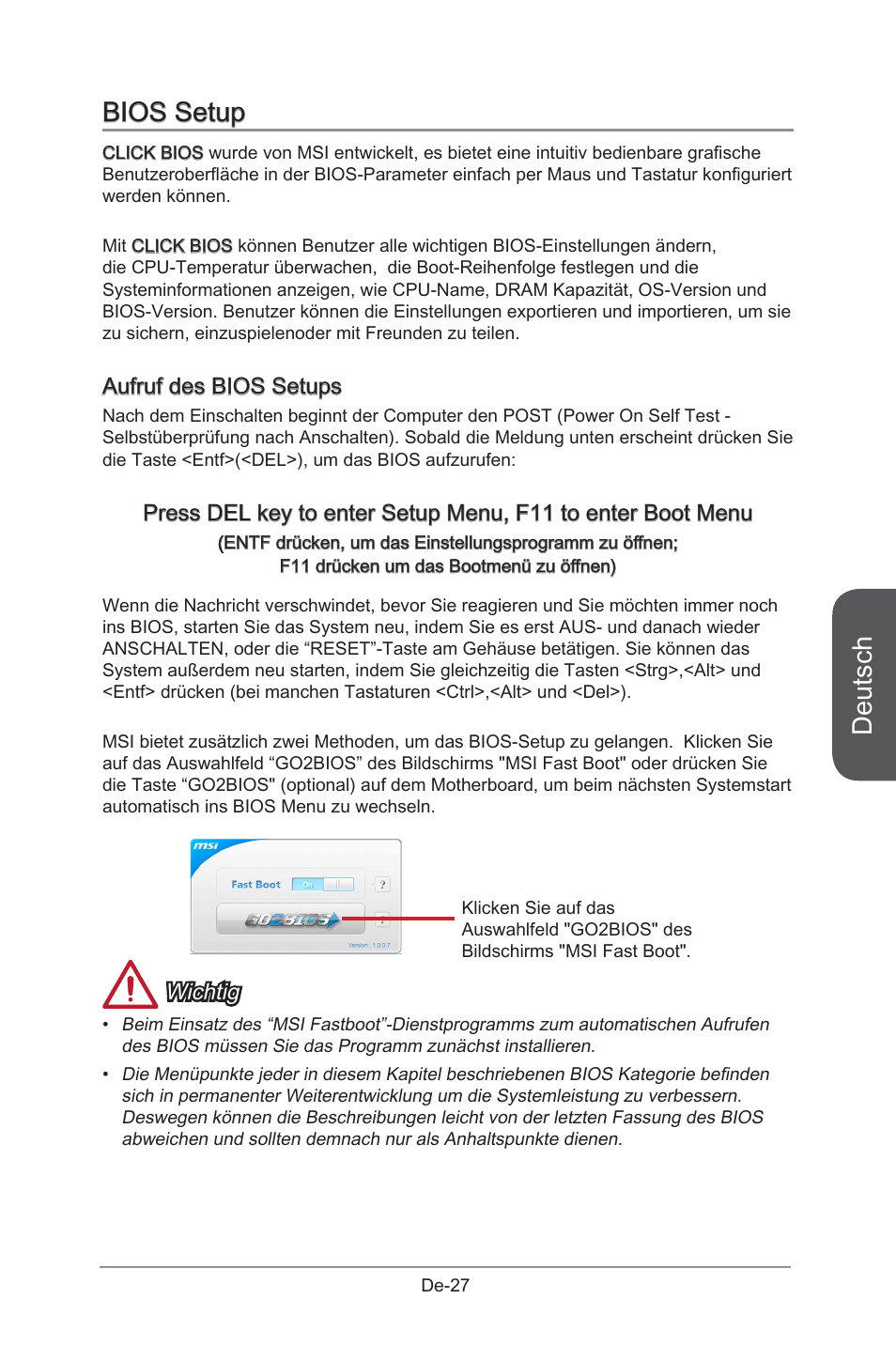 Deutsch, Bios setup, Aufruf des bios setups | Wichtig | MSI B85M-G43 User Manual | Page 77 / 178