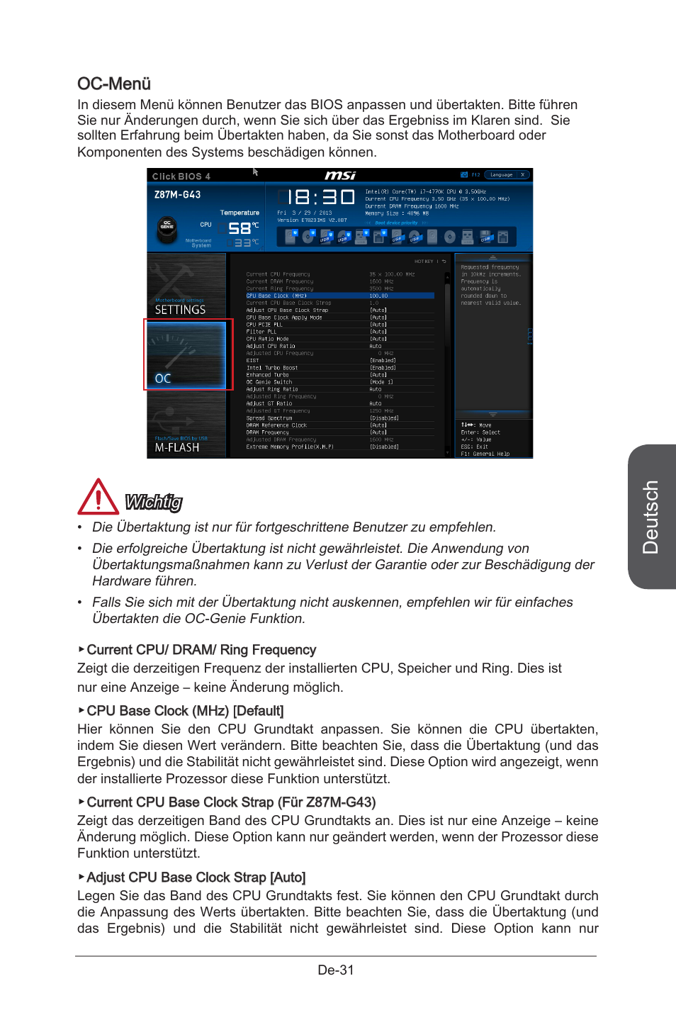 Deutsch, Oc-menü, Wichtig | MSI B85M-G43 User Manual | Page 81 / 178