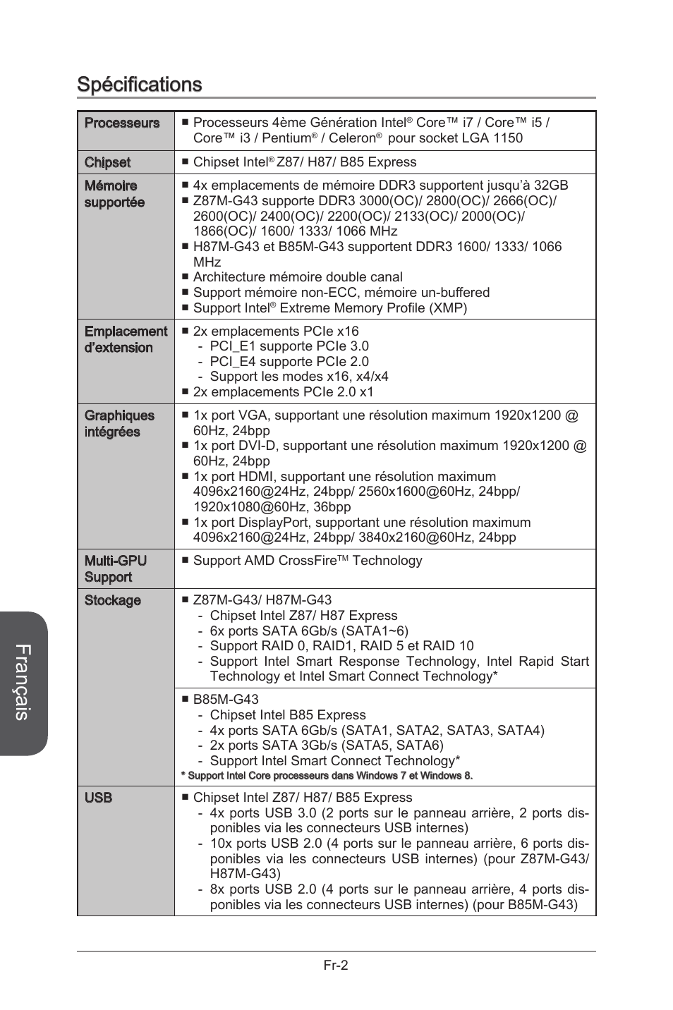 Français, Spécifications | MSI B85M-G43 User Manual | Page 90 / 178