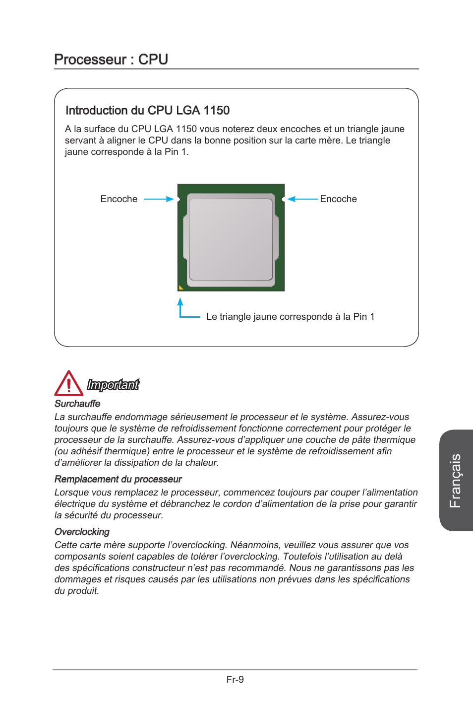 Français, Processeur : cpu, Important | Introduction du cpu lga 1150 | MSI B85M-G43 User Manual | Page 97 / 178