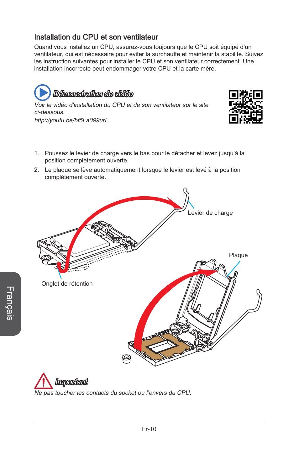 Français, Installation du cpu et son ventilateur, Important | Démonstration de vidéo | MSI B85M-G43 User Manual | Page 98 / 178