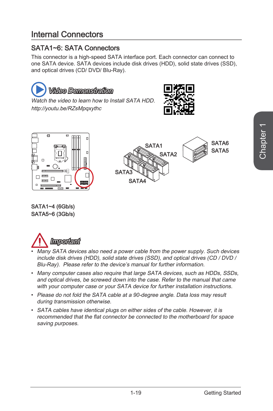 Internal connectors -19, Sata1~6: sata connectors -19, Sata1~4 | Sata 6gb/s connectors, Sata5~6, Sata 3gb/s connectors, Chapter 1, Internal connectors, Sata1~6: sata connectors, Video demonstration | MSI B85M-E43 DASH User Manual | Page 33 / 90
