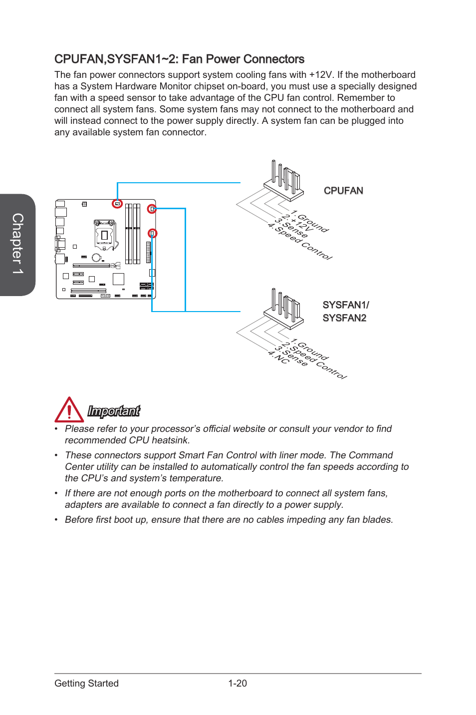 Cpufan,sysfan1~2: fan power connectors -20, Cpufan,sysfan1~2, Fan power connectors | Chapter 1, Cpufan,sysfan1~2: fan power connectors, Important | MSI B85M-E43 DASH User Manual | Page 34 / 90