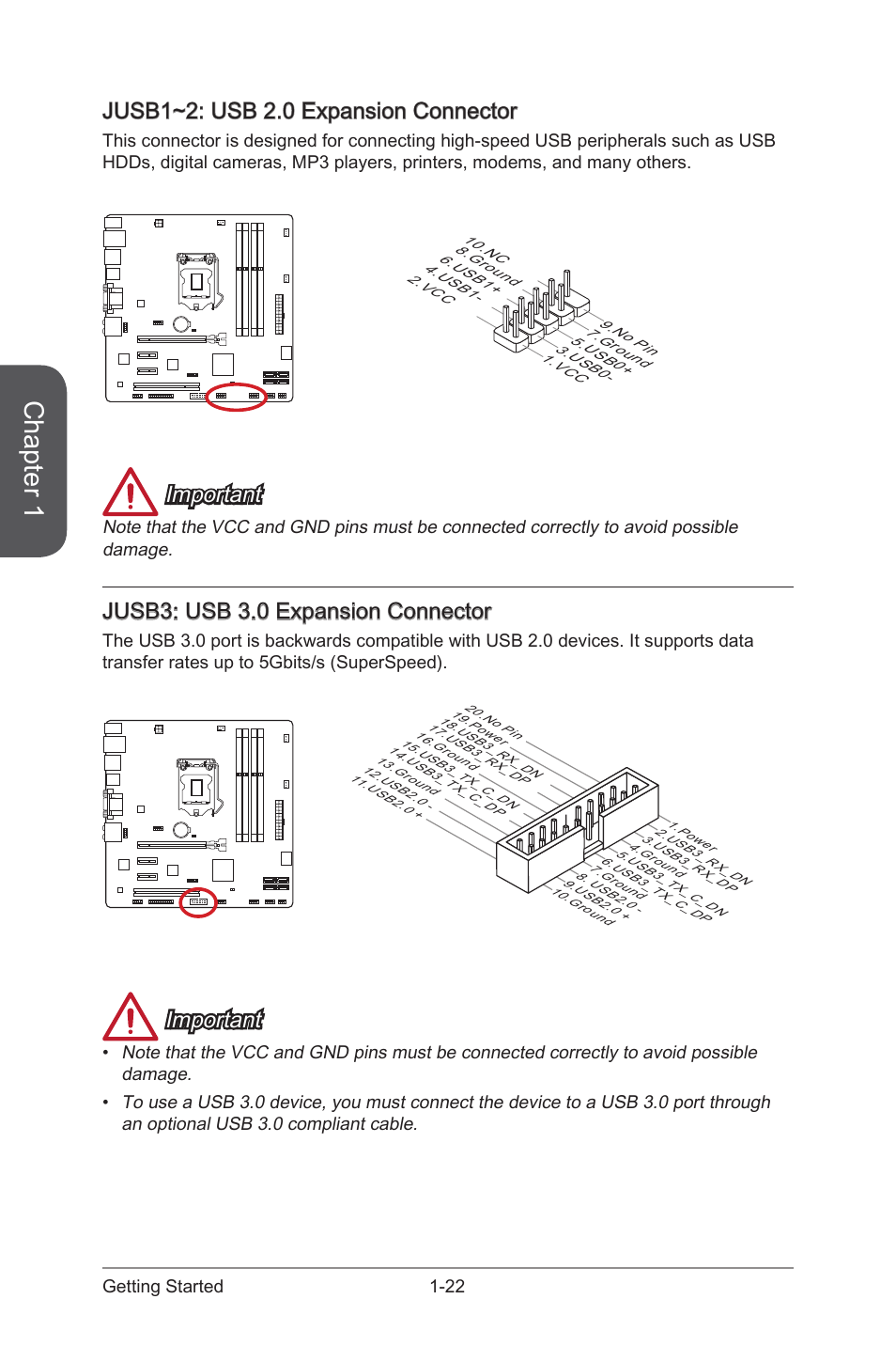 Jusb1~2, Usb 2.0 expansion connectors, Jusb3 | Usb 3.0 expansion connector, Chapter 1, Jusb1~2: usb 2.0 expansion connector, Important, Jusb3: usb 3.0 expansion connector, 22 getting started | MSI B85M-E43 DASH User Manual | Page 36 / 90