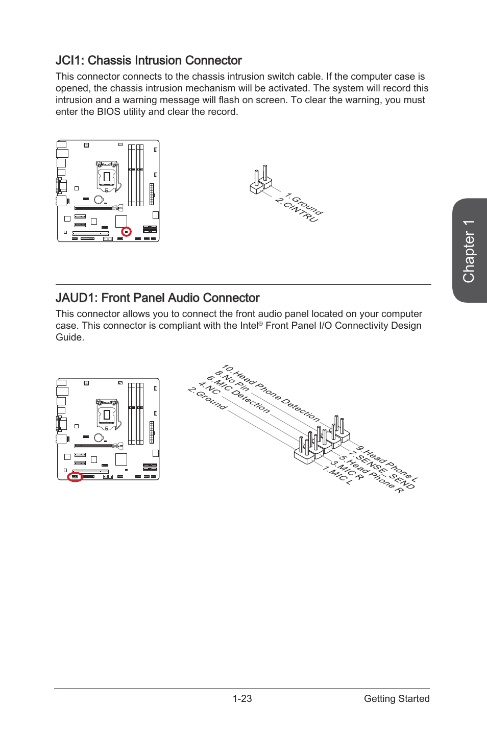 Jaud1, Front panel audio connector, Jci1 | Chassis intrusion connector, Chapter 1, Jci1: chassis intrusion connector, Jaud1: front panel audio connector | MSI B85M-E43 DASH User Manual | Page 37 / 90