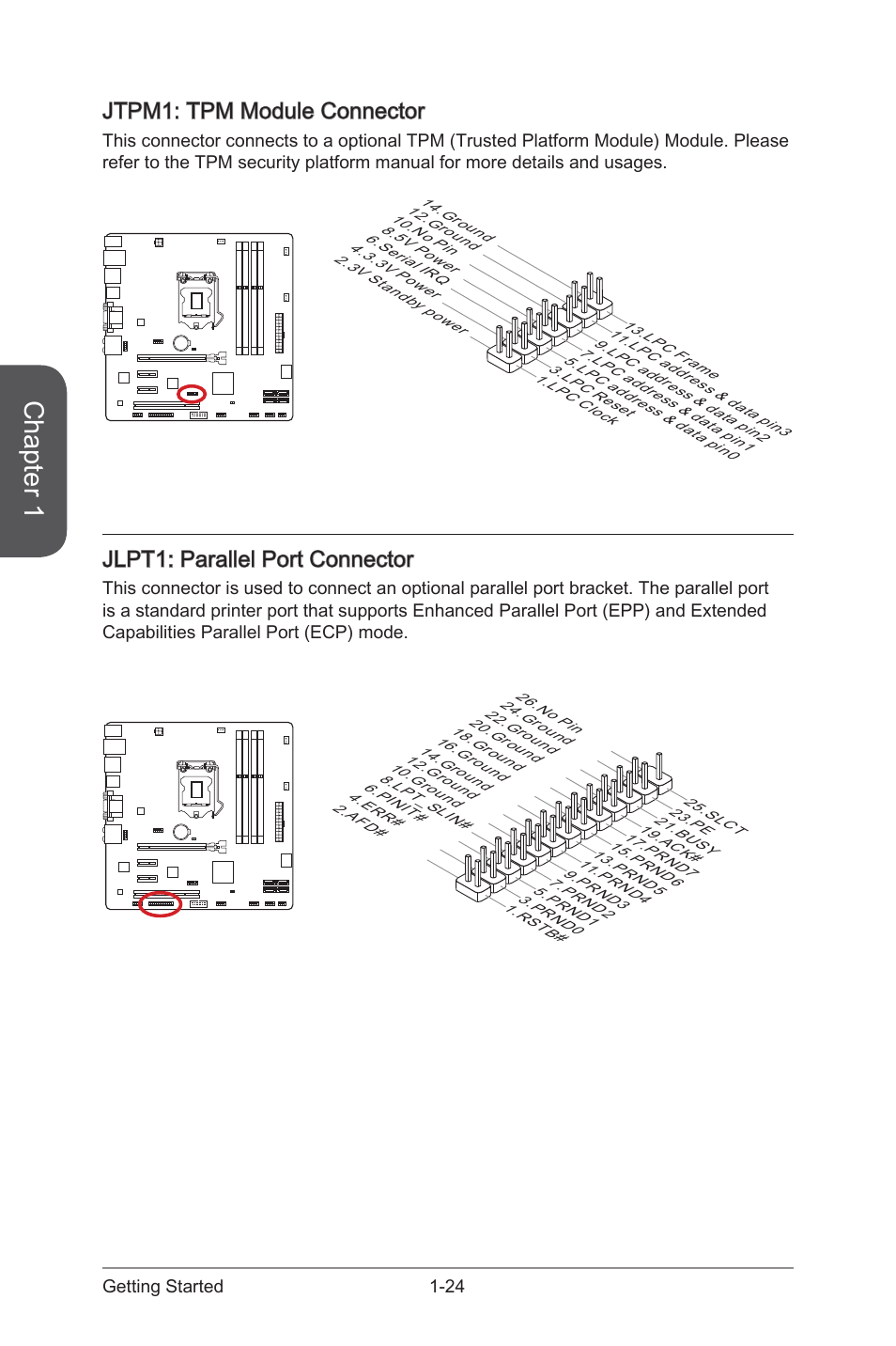 Jlpt1, Parallel port connector, Jtpm1 | Tpm module connector, Chapter 1, Jtpm1: tpm module connector, Jlpt1: parallel port connector | MSI B85M-E43 DASH User Manual | Page 38 / 90