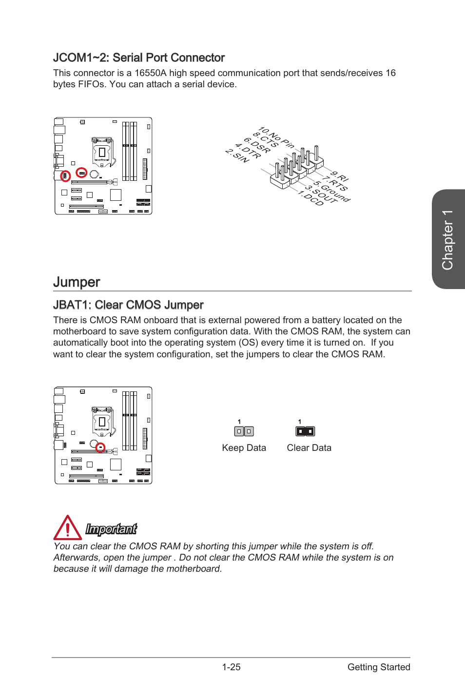 Jcom1~2: serial port connector -25, Jumper -25, Jbat1: clear cmos jumper -25 | Jbat1, Clear cmos jumper, Jcom1~2, Serial port connectors, Chapter 1, Jumper, Jcom1~2: serial port connector | MSI B85M-E43 DASH User Manual | Page 39 / 90