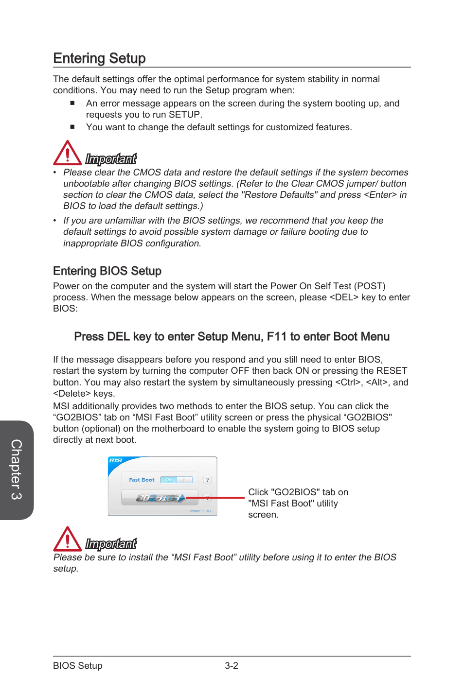 Entering setup -2, Entering bios setup -2, Chapter 3 | Entering setup, Important, Entering bios setup | MSI B85M-E43 DASH User Manual | Page 56 / 90