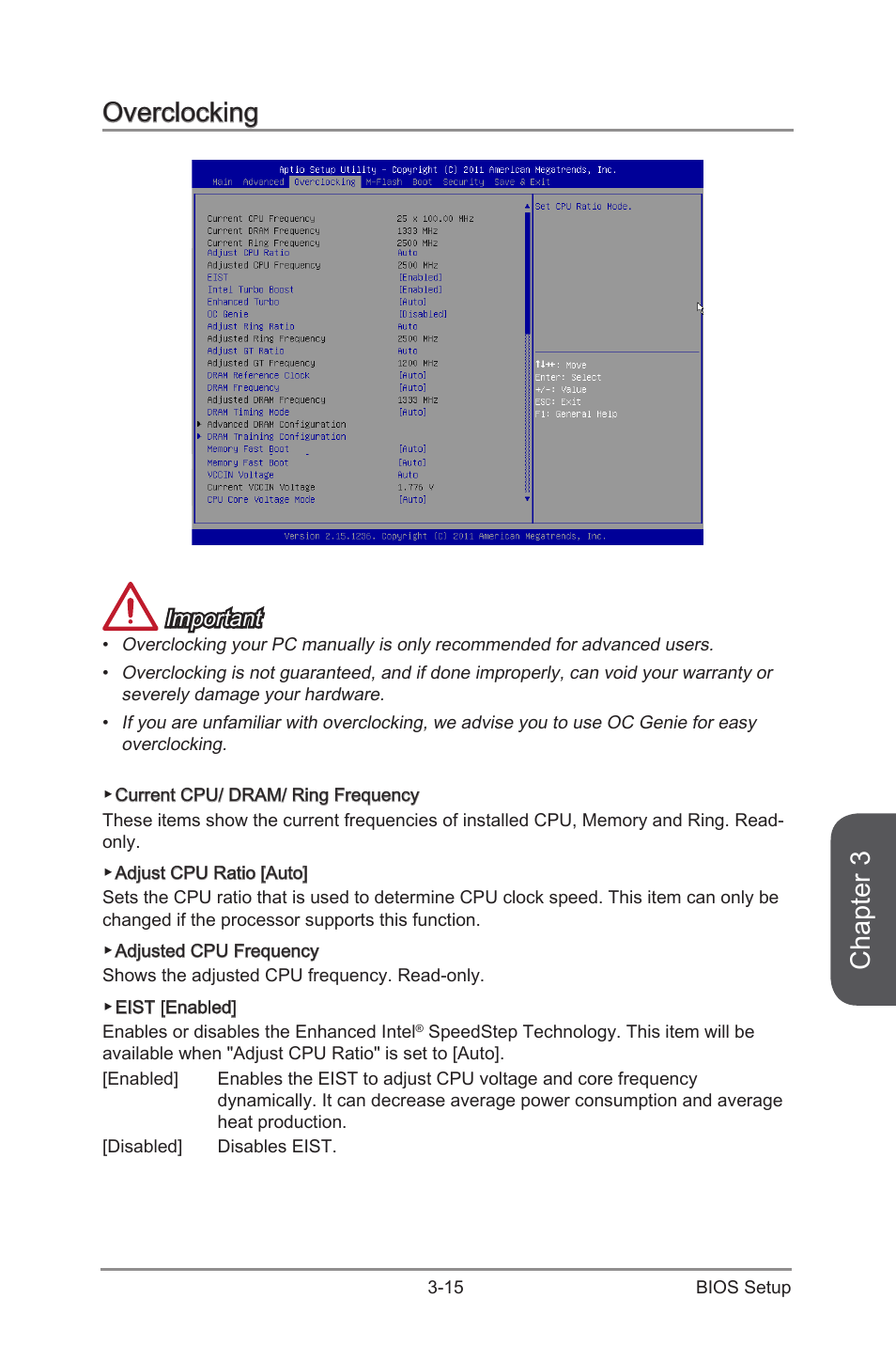 Overclocking -15, Chapter 3, Overclocking | Important | MSI B85M-E43 DASH User Manual | Page 69 / 90