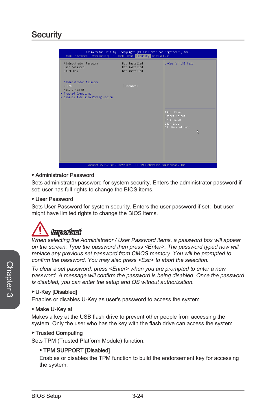 Security -24, Chapter 3, Security | Important | MSI B85M-E43 DASH User Manual | Page 78 / 90