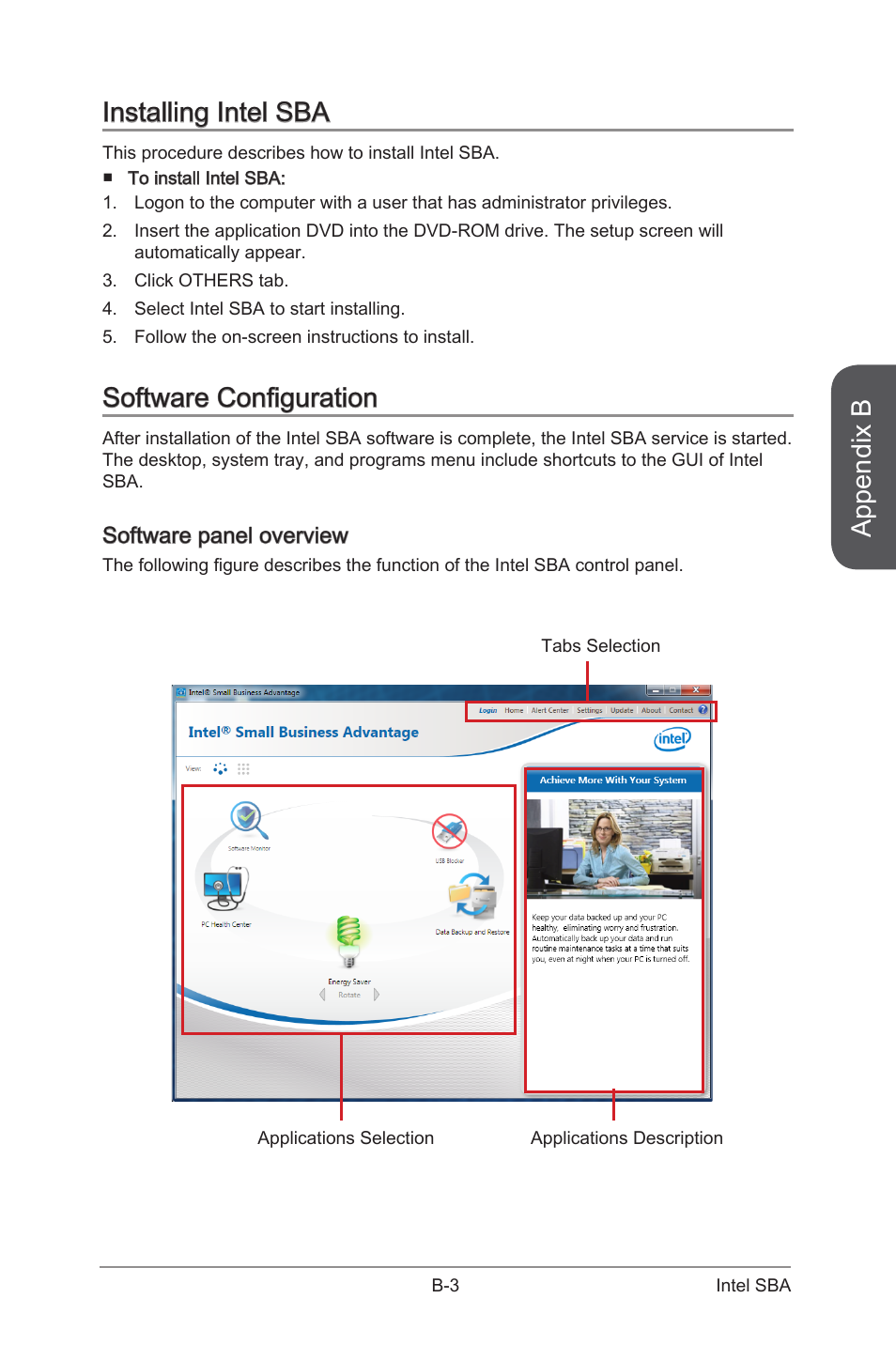 Appendix b, Installing intel sba, Software configuration | MSI B85M-E43 DASH User Manual | Page 89 / 90
