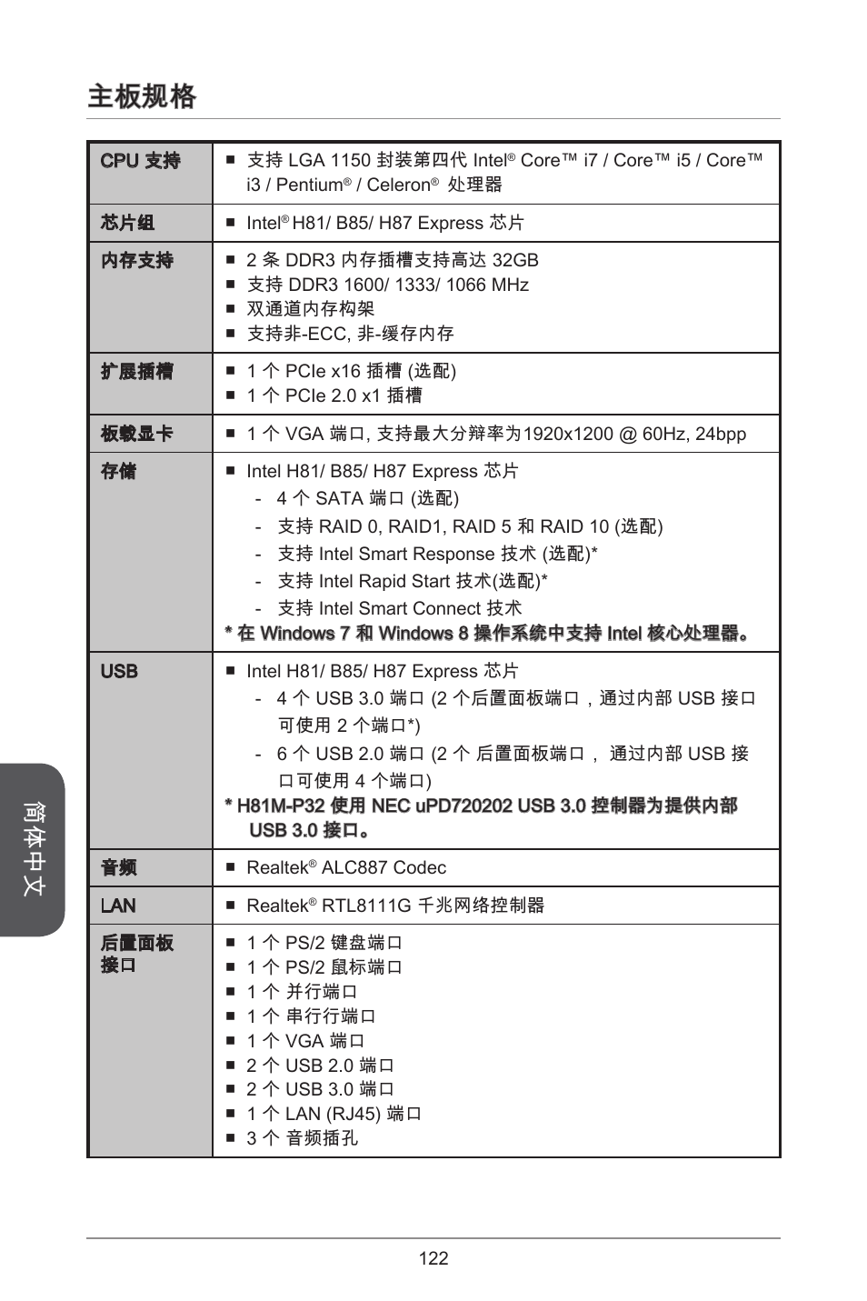 主板规格, 简体中文 | MSI CSM-B85M-P32 User Manual | Page 122 / 186