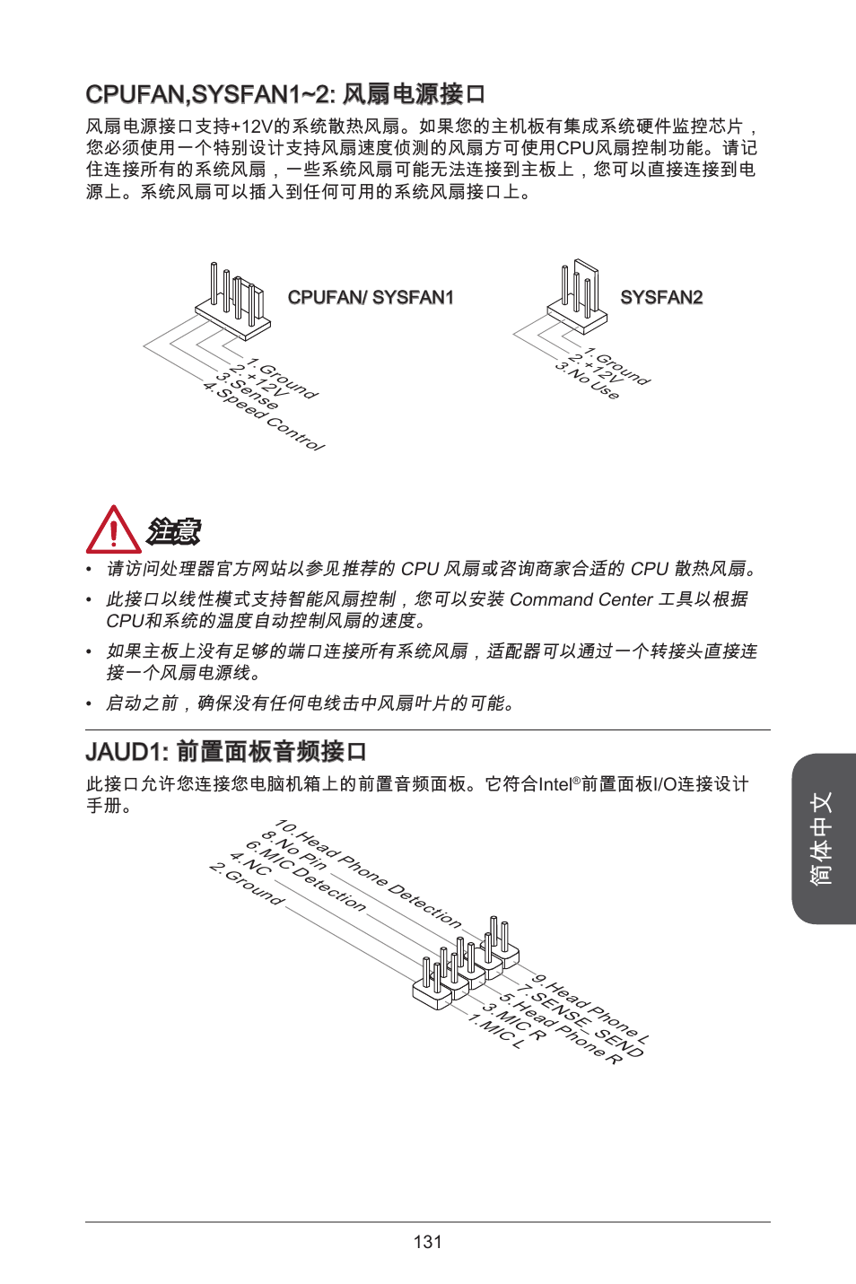 简体中文, Cpufan,sysfan~2: 风扇电源接口, Jaud: 前置面板音频接口 | MSI CSM-B85M-P32 User Manual | Page 131 / 186