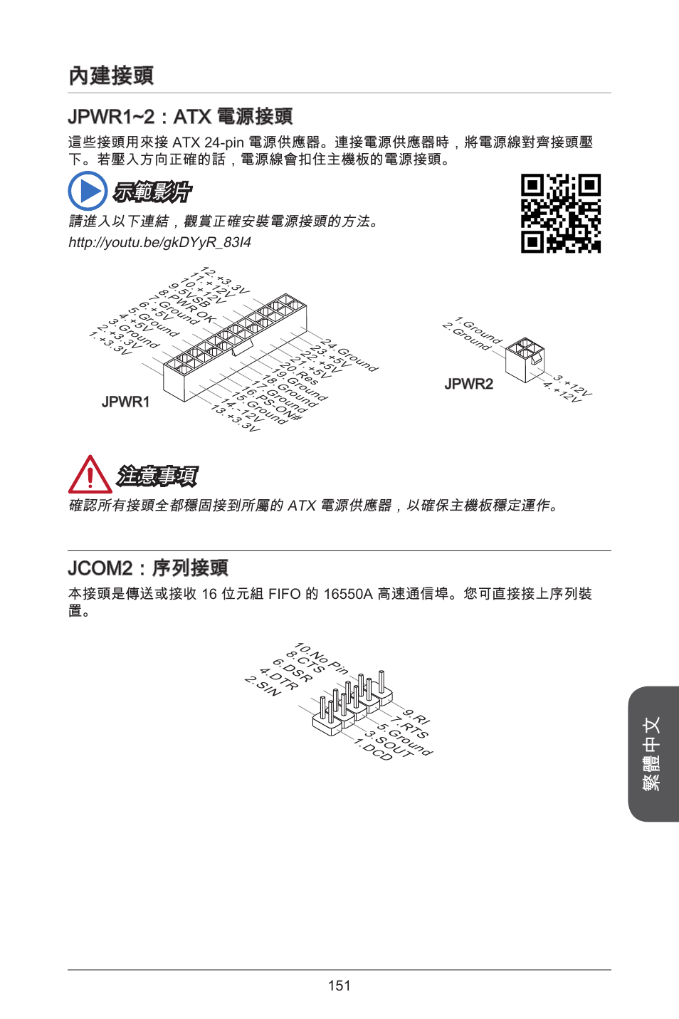 內建接頭, 繁體中文, Jpwr~2：atx 電源接頭 | 示範影片, 注意事項, Jcom2：序列接頭 | MSI CSM-B85M-P32 User Manual | Page 151 / 186