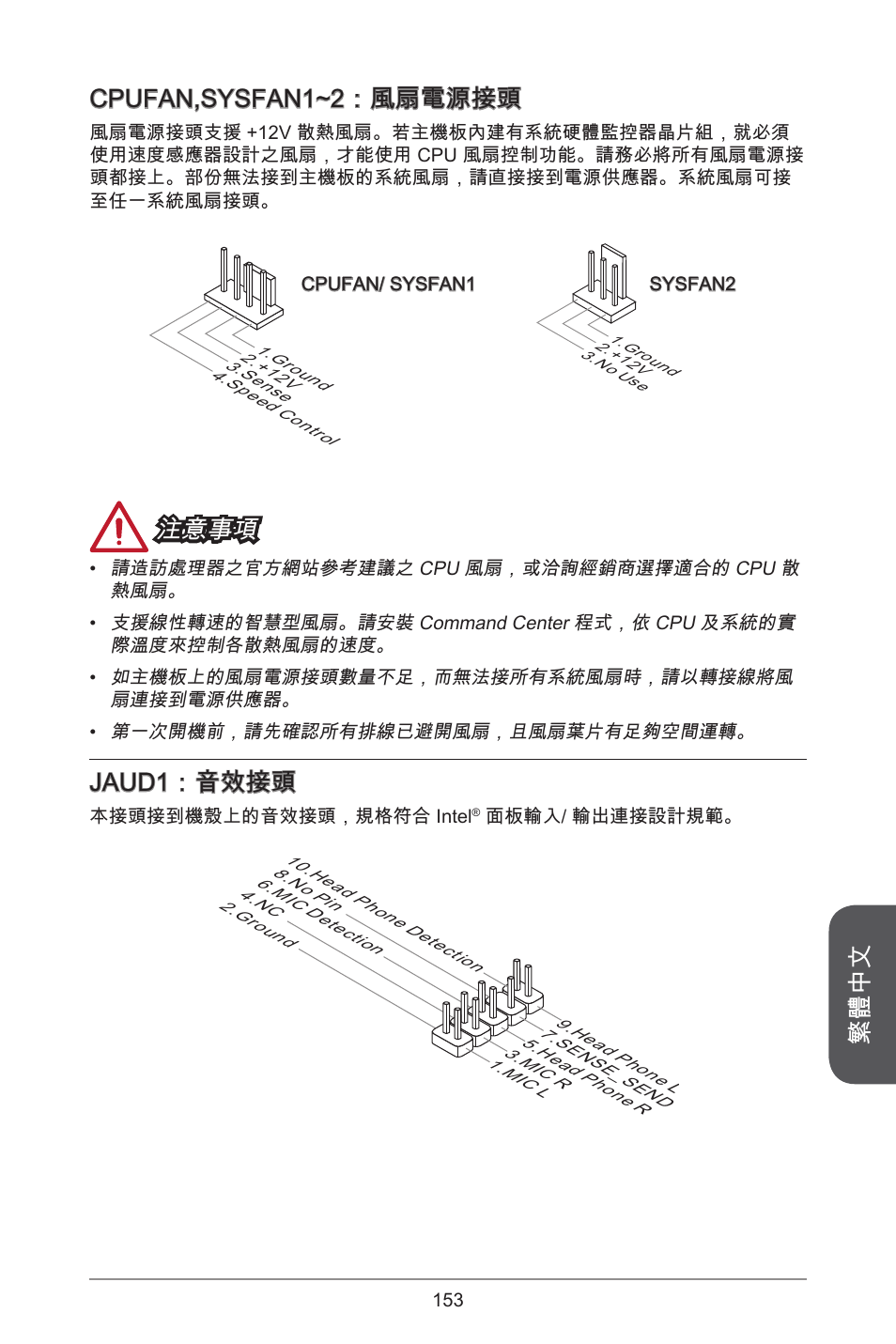 繁體中文, Cpufan,sysfan~2：風扇電源接頭, 注意事項 | Jaud：音效接頭 | MSI CSM-B85M-P32 User Manual | Page 153 / 186