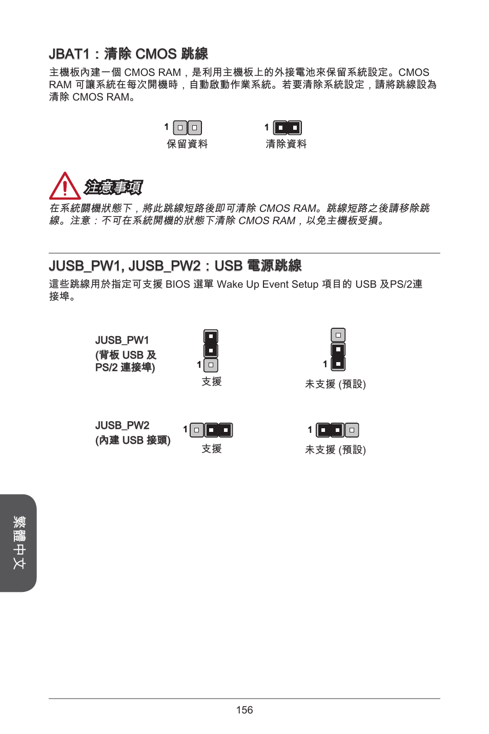 繁體中文, Jbat：清除 cmos 跳線, 注意事項 | Jusb_pw, jusb_pw2：usb 電源跳線 | MSI CSM-B85M-P32 User Manual | Page 156 / 186