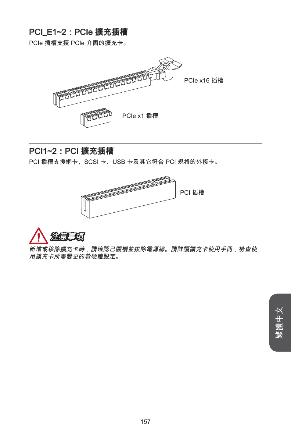 繁體中文, Pci_e~2：pcie 擴充插槽, Pci~2：pci 擴充插槽 | 注意事項 | MSI CSM-B85M-P32 User Manual | Page 157 / 186