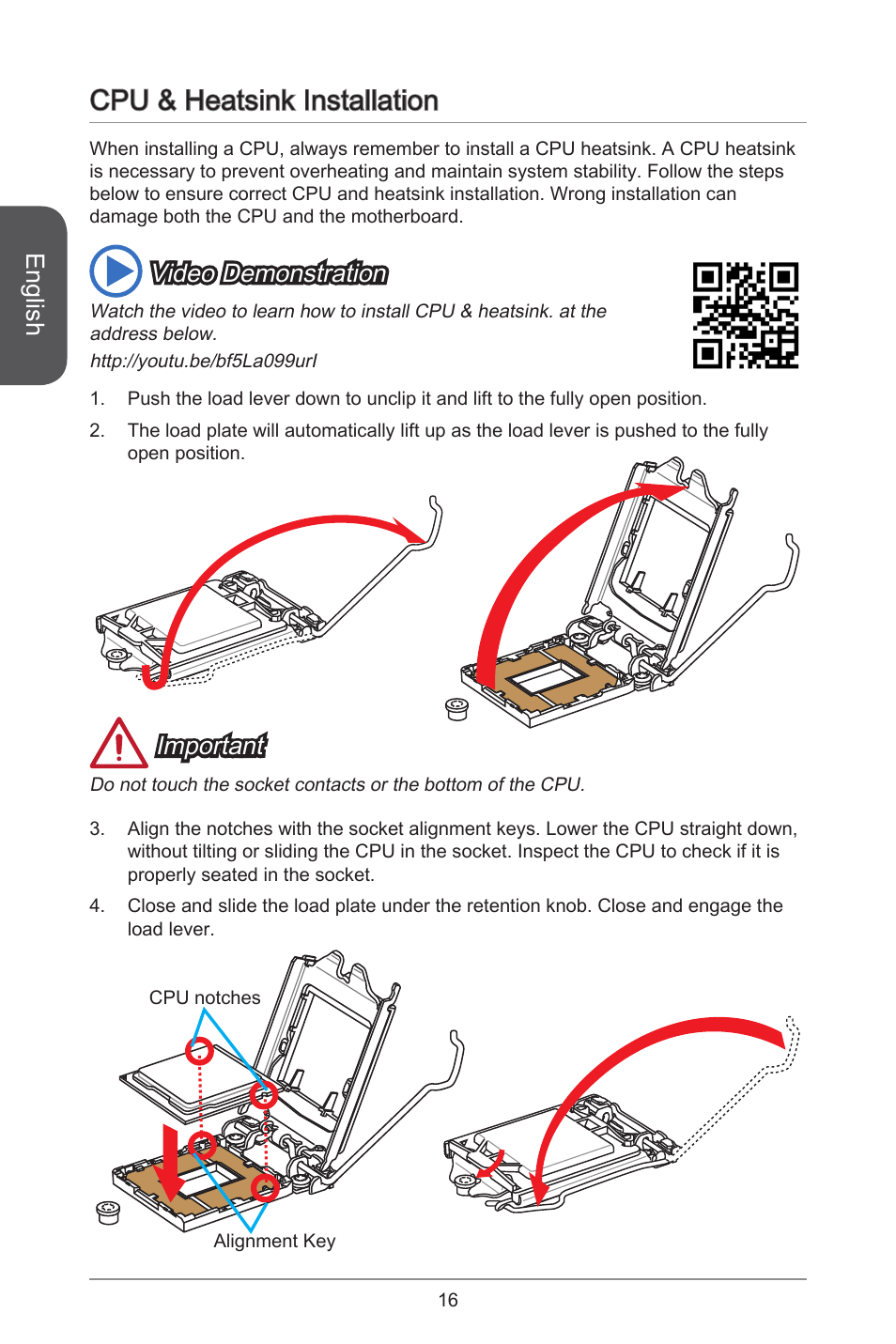 Cpu & heatsink installation, English, Important | Video demonstration | MSI CSM-B85M-P32 User Manual | Page 16 / 186