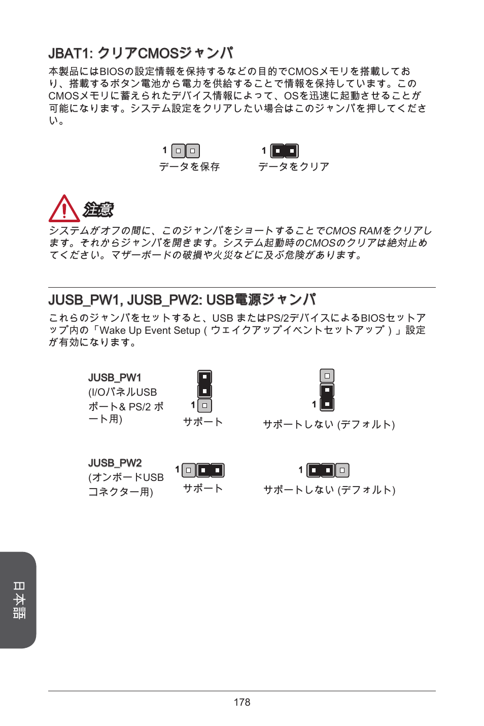 Jbat: クリアcmosジャンパ, Jusb_pw, jusb_pw2: usb電源ジャンパ | MSI CSM-B85M-P32 User Manual | Page 178 / 186