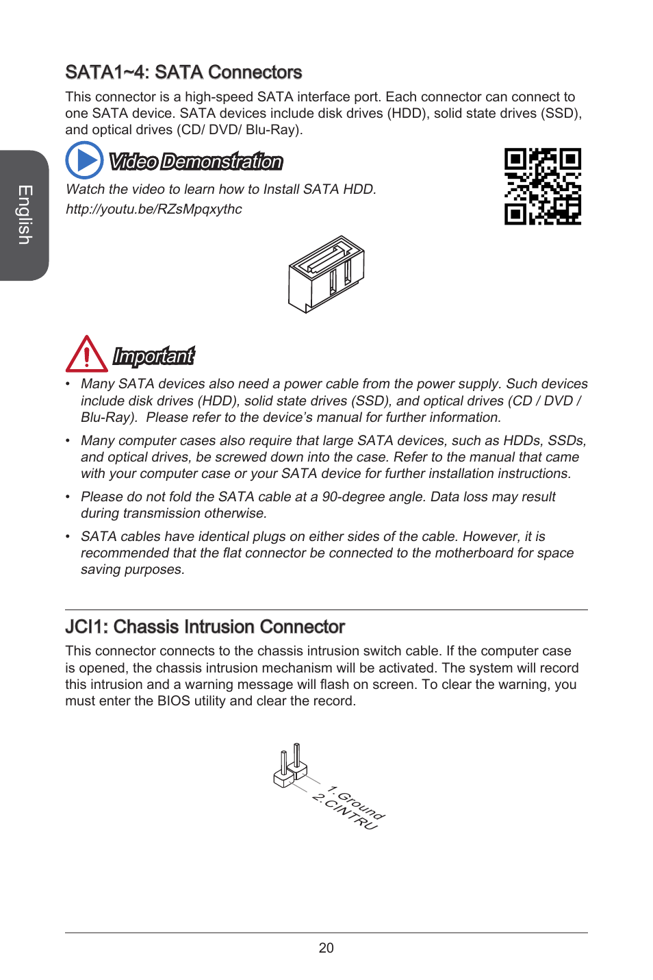 English, Sata~4: sata connectors, Video demonstration | Important, Jci: chassis intrusion connector | MSI CSM-B85M-P32 User Manual | Page 20 / 186