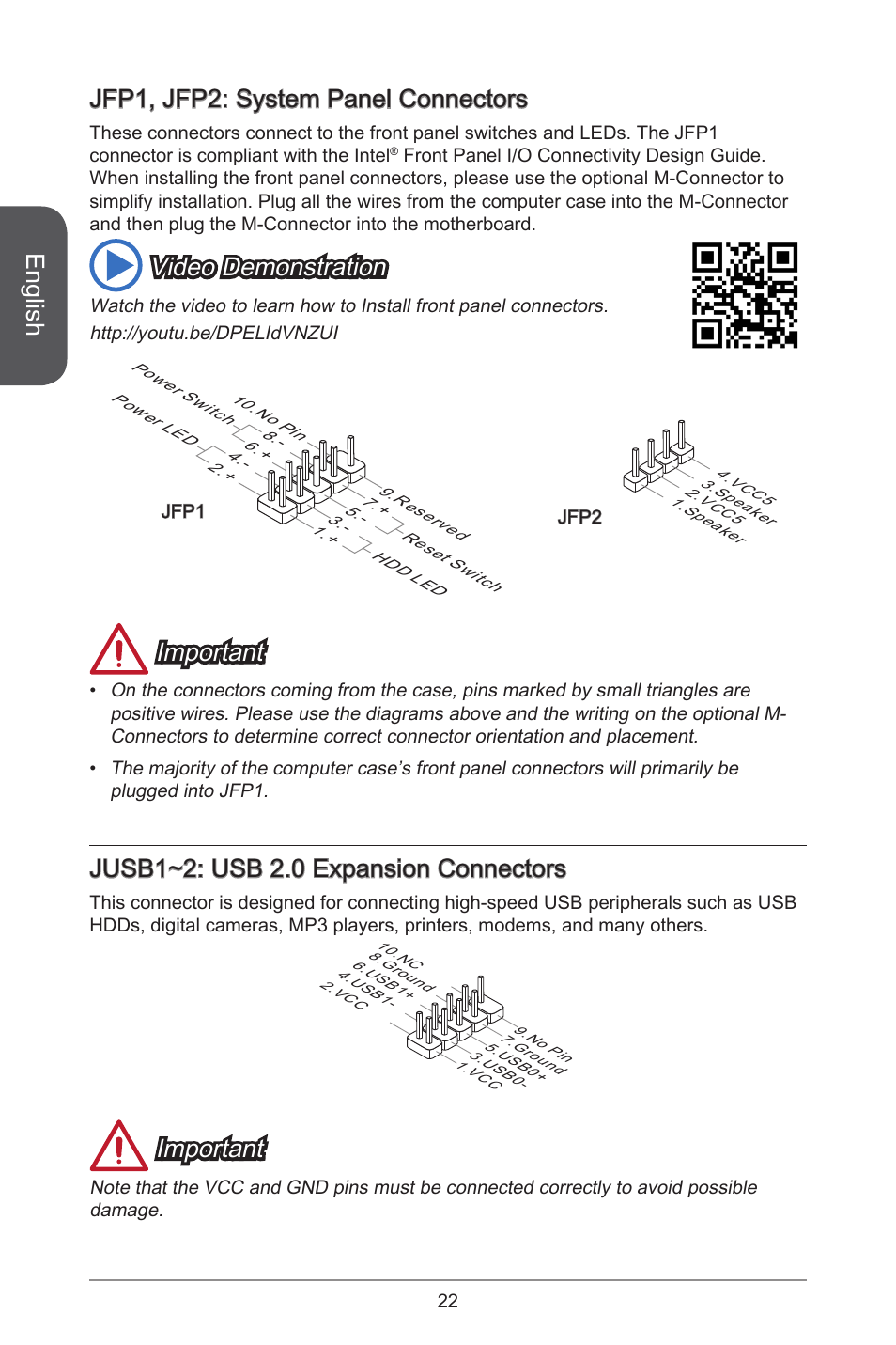English, Jfp, jfp2: system panel connectors, Video demonstration | Important, Jusb~2: usb 2.0 expansion connectors | MSI CSM-B85M-P32 User Manual | Page 22 / 186