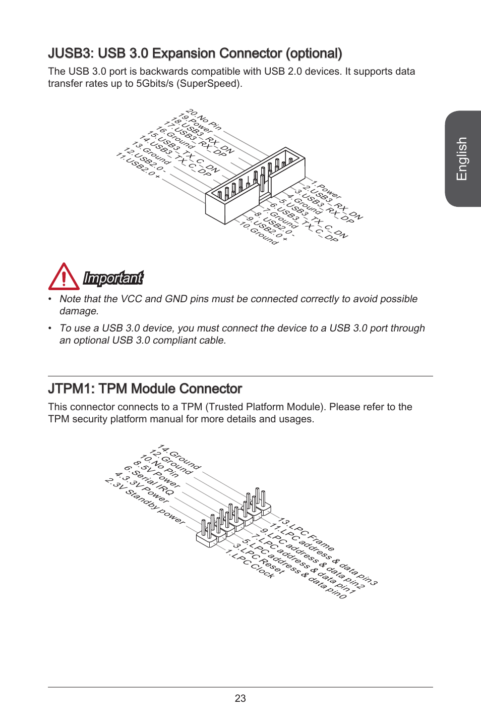 English, Jusb3: usb 3.0 expansion connector (optional), Important | Jtpm: tpm module connector | MSI CSM-B85M-P32 User Manual | Page 23 / 186