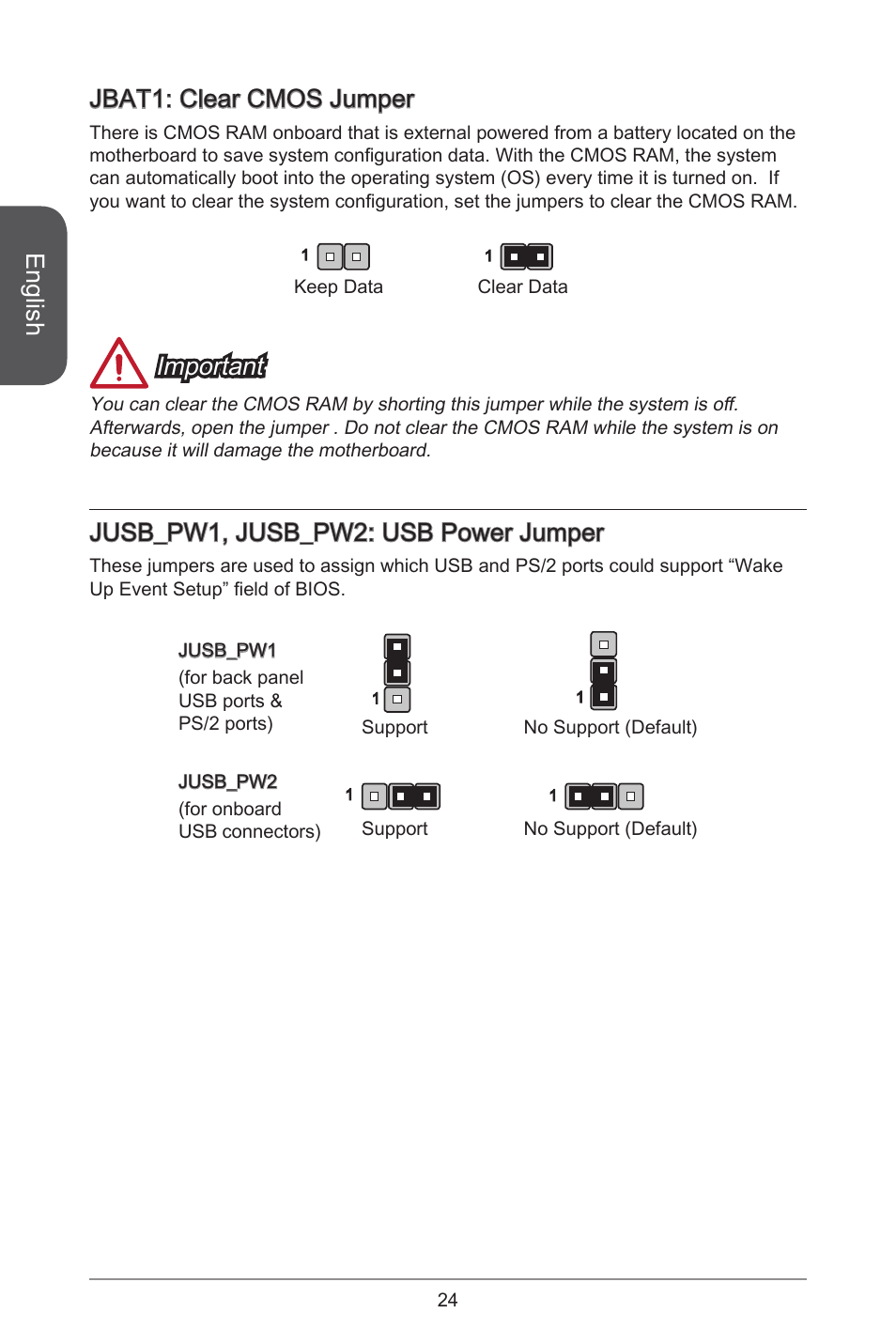 English, Jbat: clear cmos jumper, Important | Jusb_pw, jusb_pw2: usb power jumper | MSI CSM-B85M-P32 User Manual | Page 24 / 186