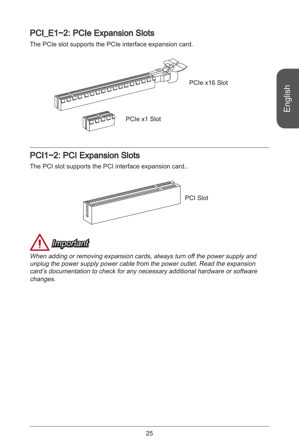 English, Pci_e~2: pcie expansion slots, Pci~2: pci expansion slots | Important | MSI CSM-B85M-P32 User Manual | Page 25 / 186