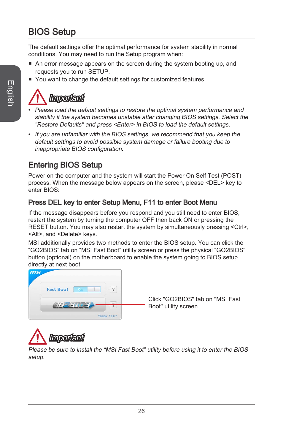 Bios setup, English, Important | Entering bios setup | MSI CSM-B85M-P32 User Manual | Page 26 / 186