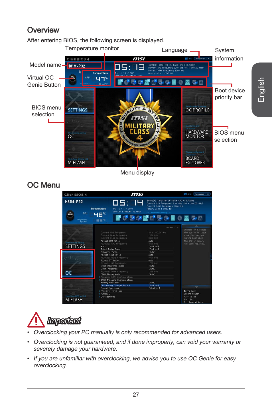 English, Overview, Oc menu important | MSI CSM-B85M-P32 User Manual | Page 27 / 186