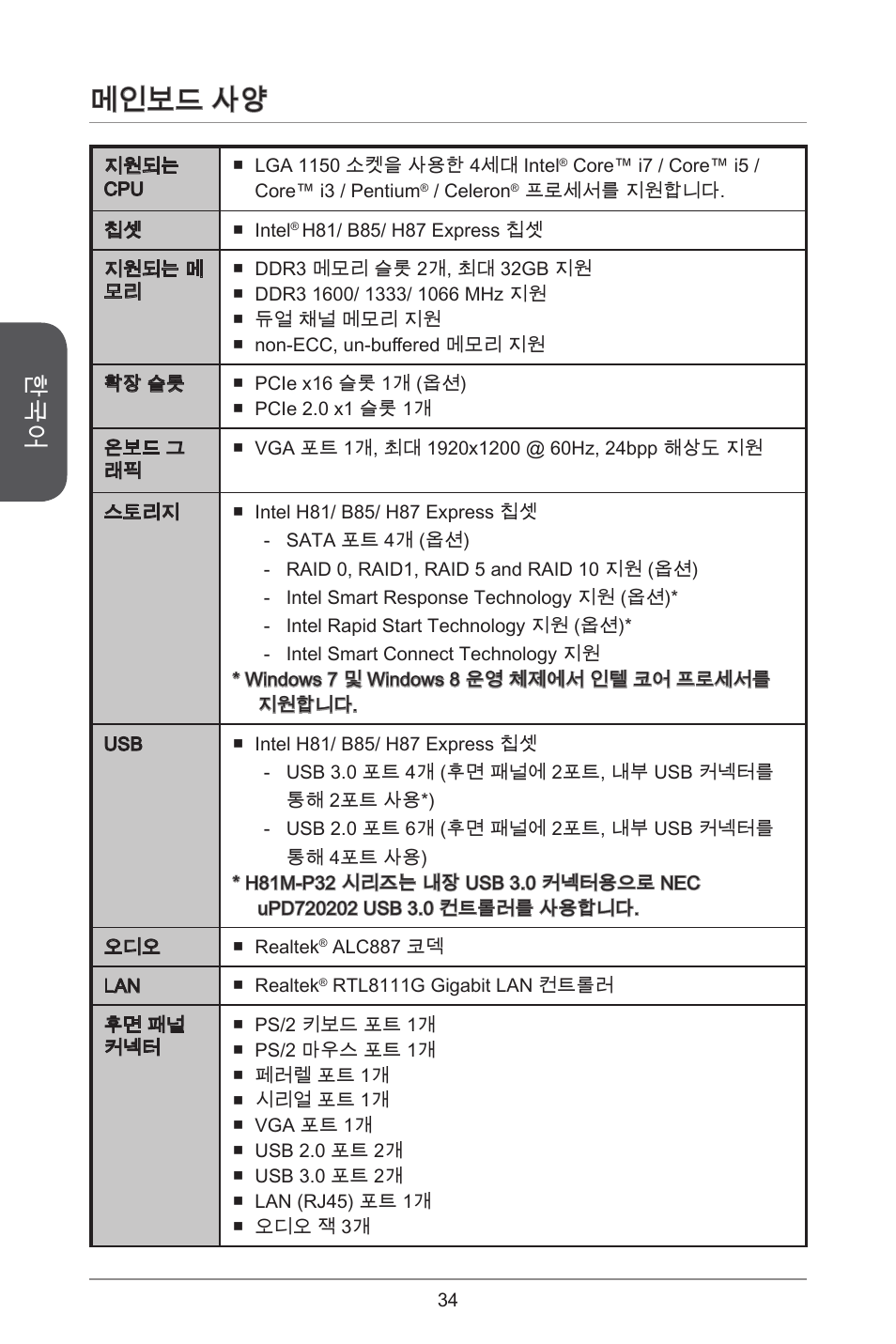 메인보드 사양 | MSI CSM-B85M-P32 User Manual | Page 34 / 186