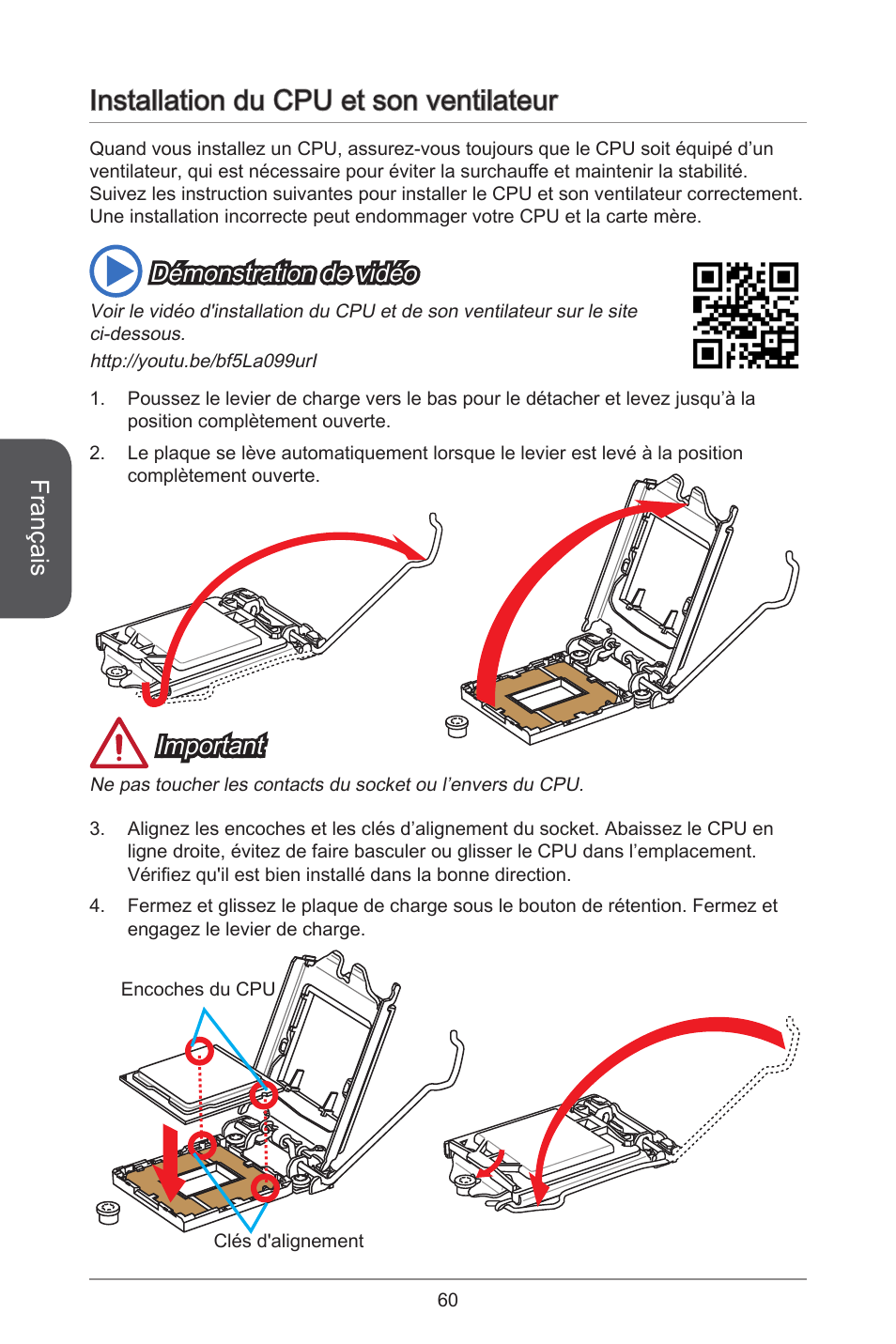 Installation du cpu et son ventilateur, Français, Important | Démonstration de vidéo | MSI CSM-B85M-P32 User Manual | Page 60 / 186