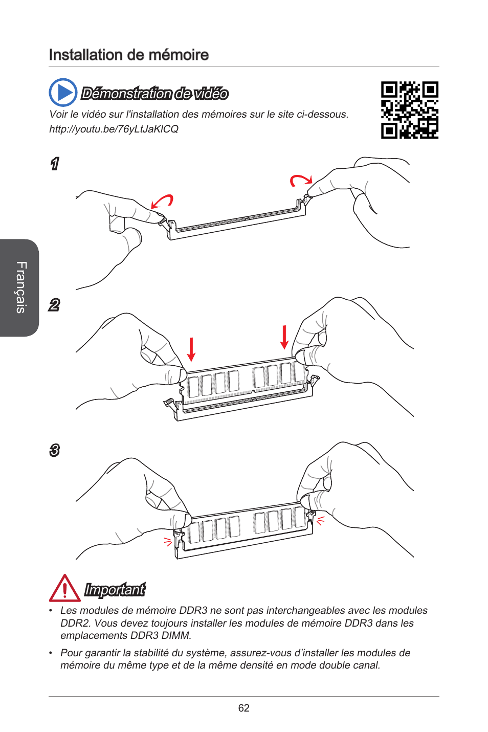 Installation de mémoire | MSI CSM-B85M-P32 User Manual | Page 62 / 186