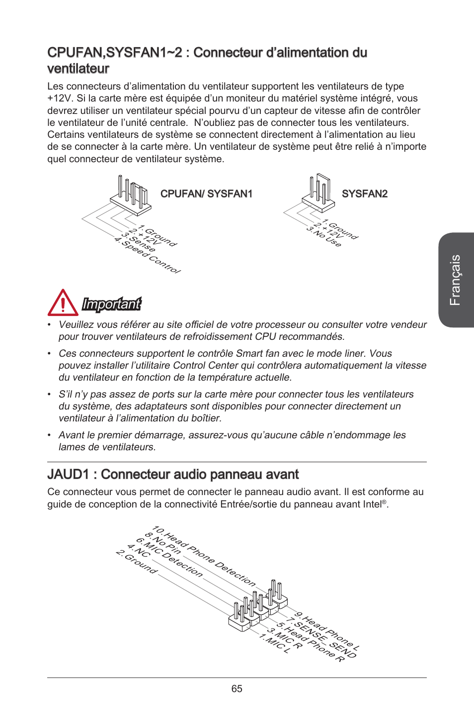 Français, Important, Jaud : connecteur audio panneau avant | MSI CSM-B85M-P32 User Manual | Page 65 / 186