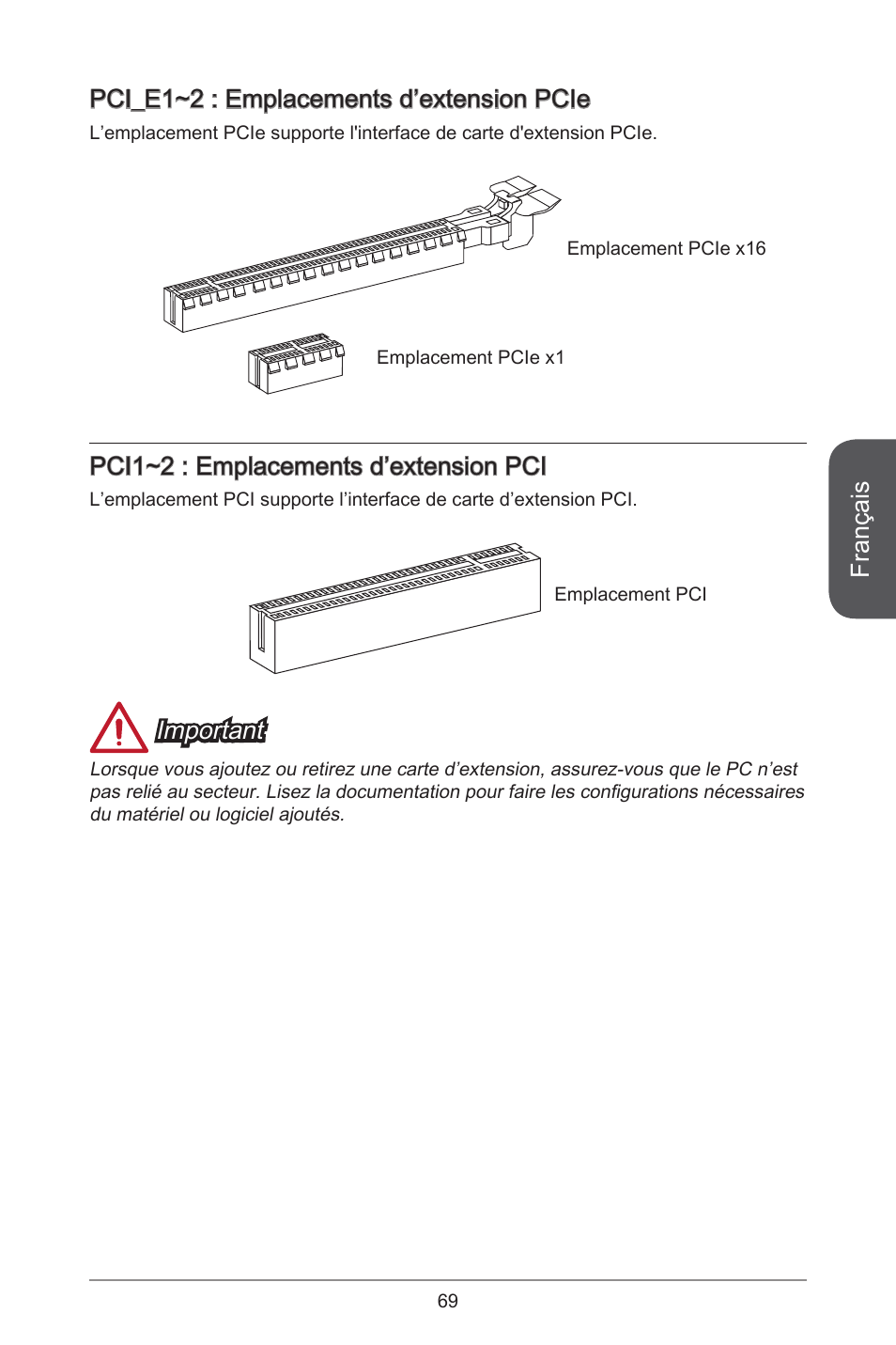 Français, Pci_e~2 : emplacements d’extension pcie, Pci~2 : emplacements d’extension pci | Important | MSI CSM-B85M-P32 User Manual | Page 69 / 186