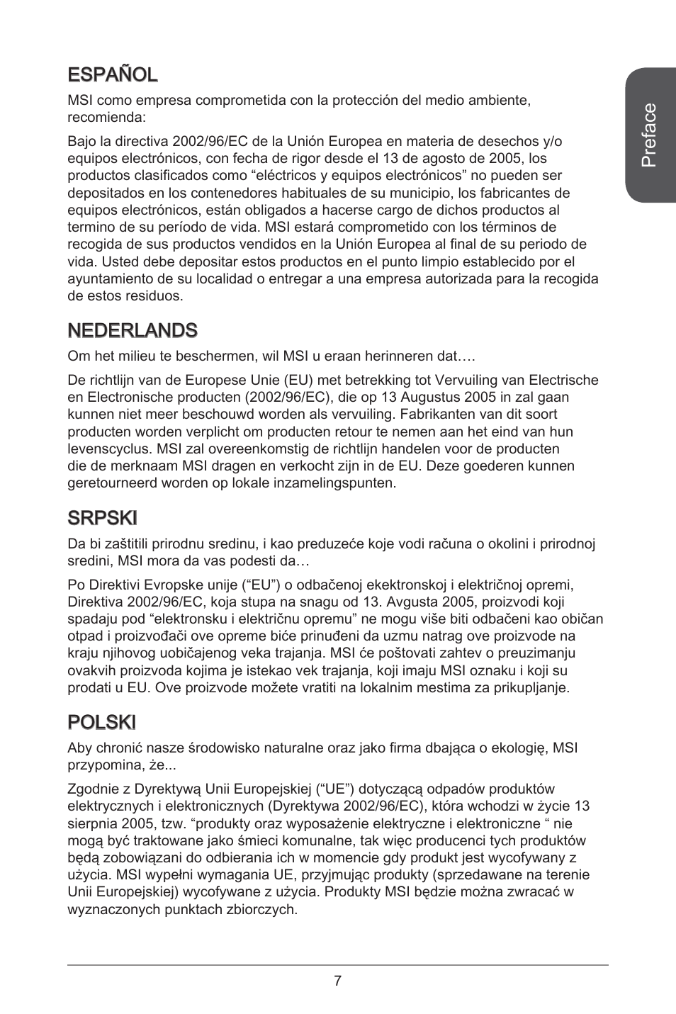 Preface, Español, Nederlands | Srpski, Polski | MSI CSM-B85M-P32 User Manual | Page 7 / 186