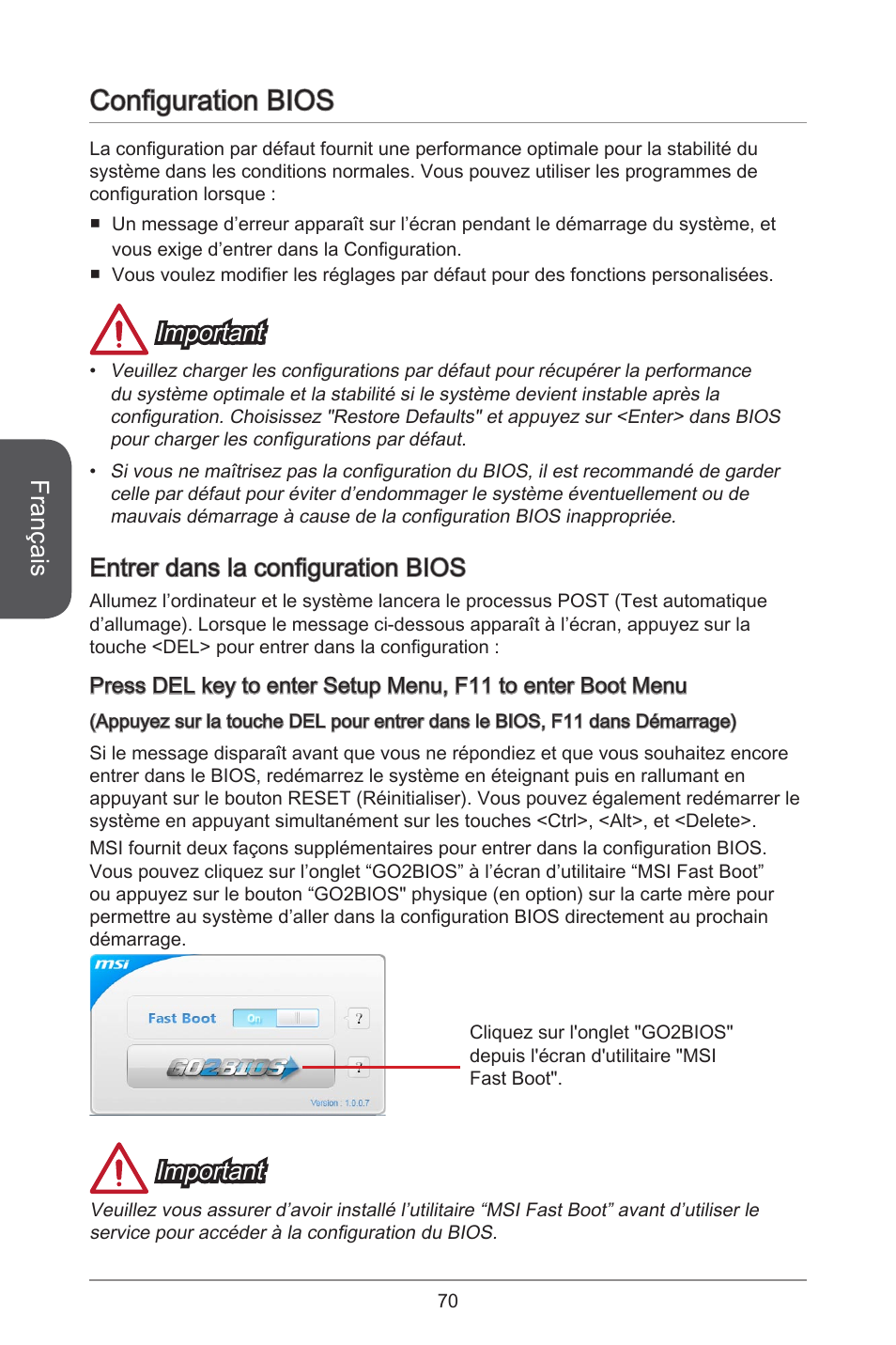 Configuration bios, Français, Important | Entrer dans la configuration bios | MSI CSM-B85M-P32 User Manual | Page 70 / 186